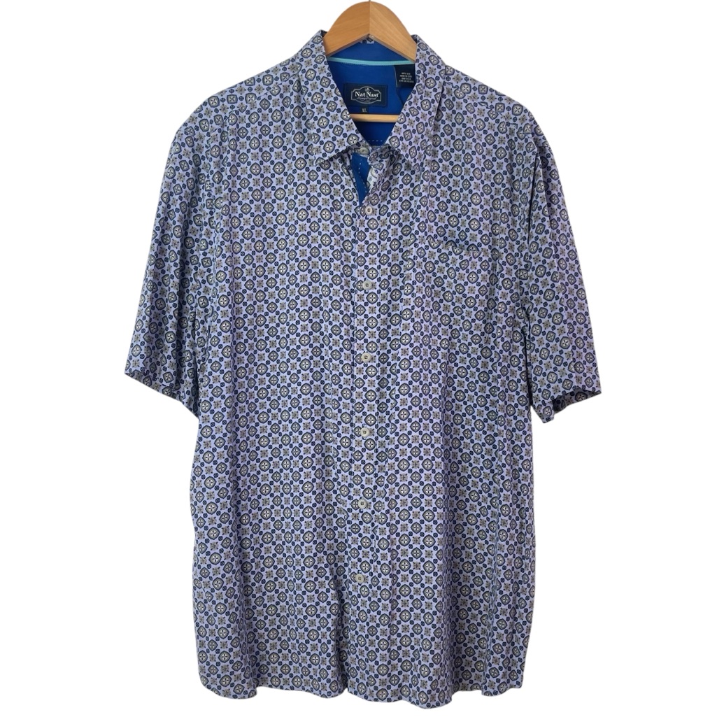 Nwt Nat Nast Men's Silk Short-Sleeve Button-Down Medallion Printed Shirt Size Xl